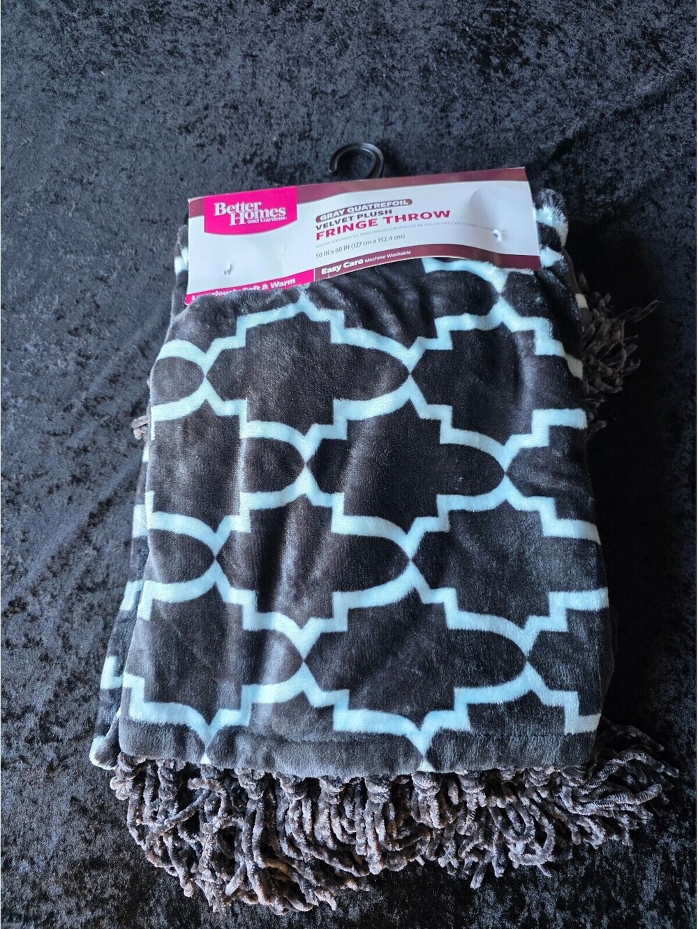 Better Homes and Gardens Gray Quatrefoil Velvet Plush Fringe Throw Blanket 50x60
